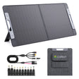 Callsun 110W N-Type portable solar panel with folding stand, cables, and adapter connectors for camping.