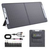Callsun 110W N-Type portable solar panel with folding stand, cables, and adapter connectors for camping.