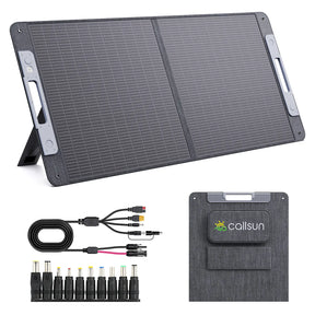 Callsun 110W N-Type portable solar panel with folding stand, cables, and adapter connectors for camping.