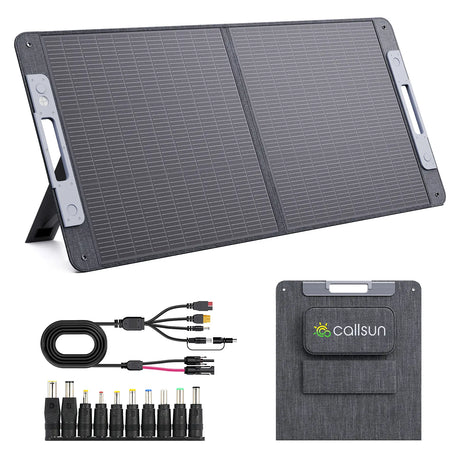 Callsun 110W N-Type portable solar panel with folding stand, cables, and adapter connectors for camping.