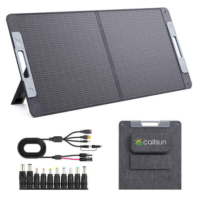 Callsun 110W N-Type portable solar panel with folding stand, cables, and adapter connectors for camping.