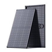 Callsun 120W N-Type bifacial solar panel, front and rear views showing dual-sided cells and black frame.