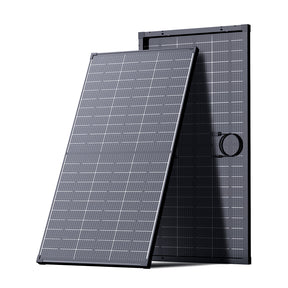 Callsun 120W N-Type bifacial solar panel, front and rear views showing dual-sided cells and black frame.