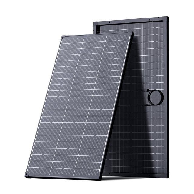 Callsun 120W N-Type bifacial solar panel, front and rear views showing dual-sided cells and black frame.