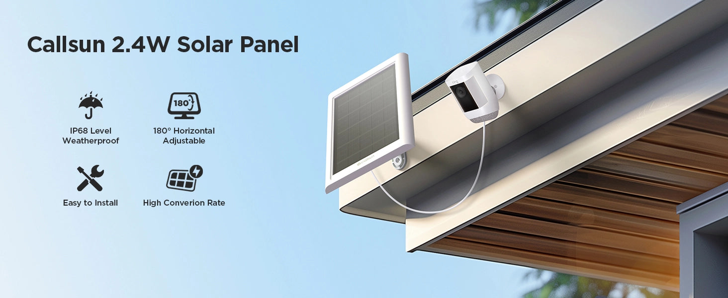 Callsun 2.4W solar panel mounted outdoors on a roof eave next to a security camera for continuous power supply.