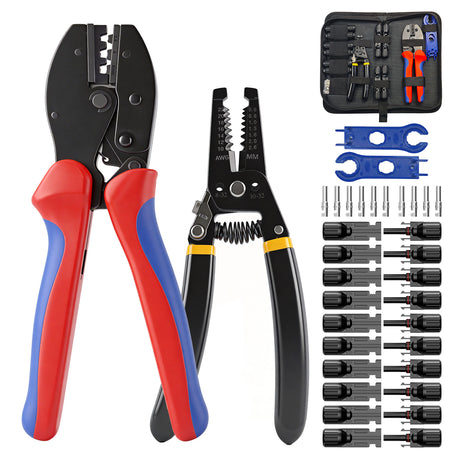 Full Callsun solar crimper tool kit featuring a professional crimper, wire stripper, 10 pairs of solar connectors, and spanners.