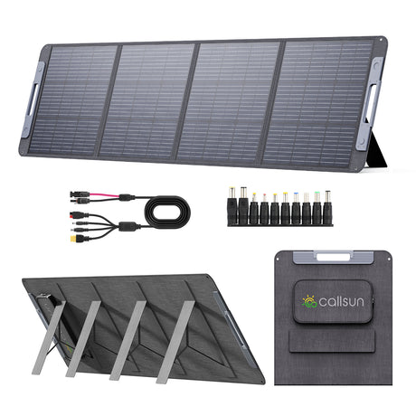 Callsun 200W N-type portable solar panel with solar connector and 10 DC adapters.
