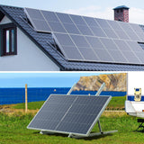 Callsun 41in Adjustable Solar Panel Mount Brackets installed on a house roof and used as a portable ground tilt mount for RV camping.