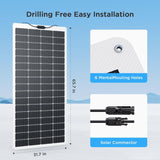 Callsun 200W Flexible Solar Panel featuring a 65.7x31.7in slim design and 6 mounting holes for easy drill-free RV setup.