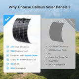 Callsun 200W Flexible Solar Panel reaching 23% efficiency and Grade A+ quality, designed for durable outdoor RV use.