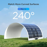 Callsun 200W Flexible Solar Panel designed for curved surfaces, showing a 240-degree bend for RV and boat installation.
