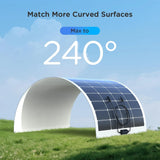 Callsun 200W Flexible Solar Panel designed for curved surfaces, showing a 240-degree bend for RV and boat installation.