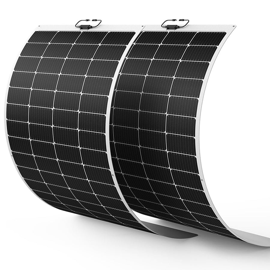 Callsun 200W Flexible Solar Panel 2-pack featuring 240-degree flexibility for an easy van life solar setup on boats.