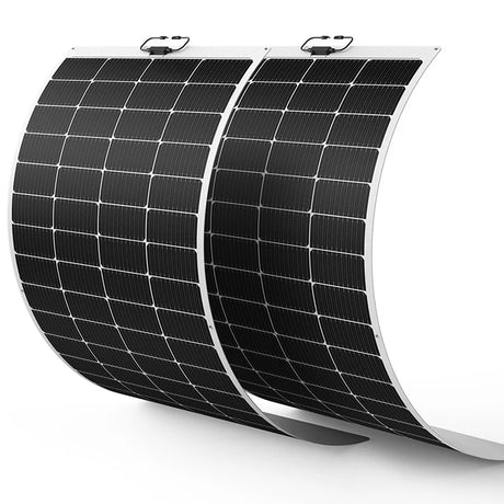 Callsun 200W Flexible Solar Panel 2-pack featuring 240-degree flexibility for an easy van life solar setup on boats.