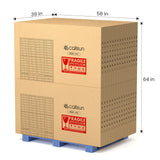 Pallet of Callsun 215W N-type anti-shade bifacial solar panel boxes on white background, showing 58x39x64 inches shipping dimensions.