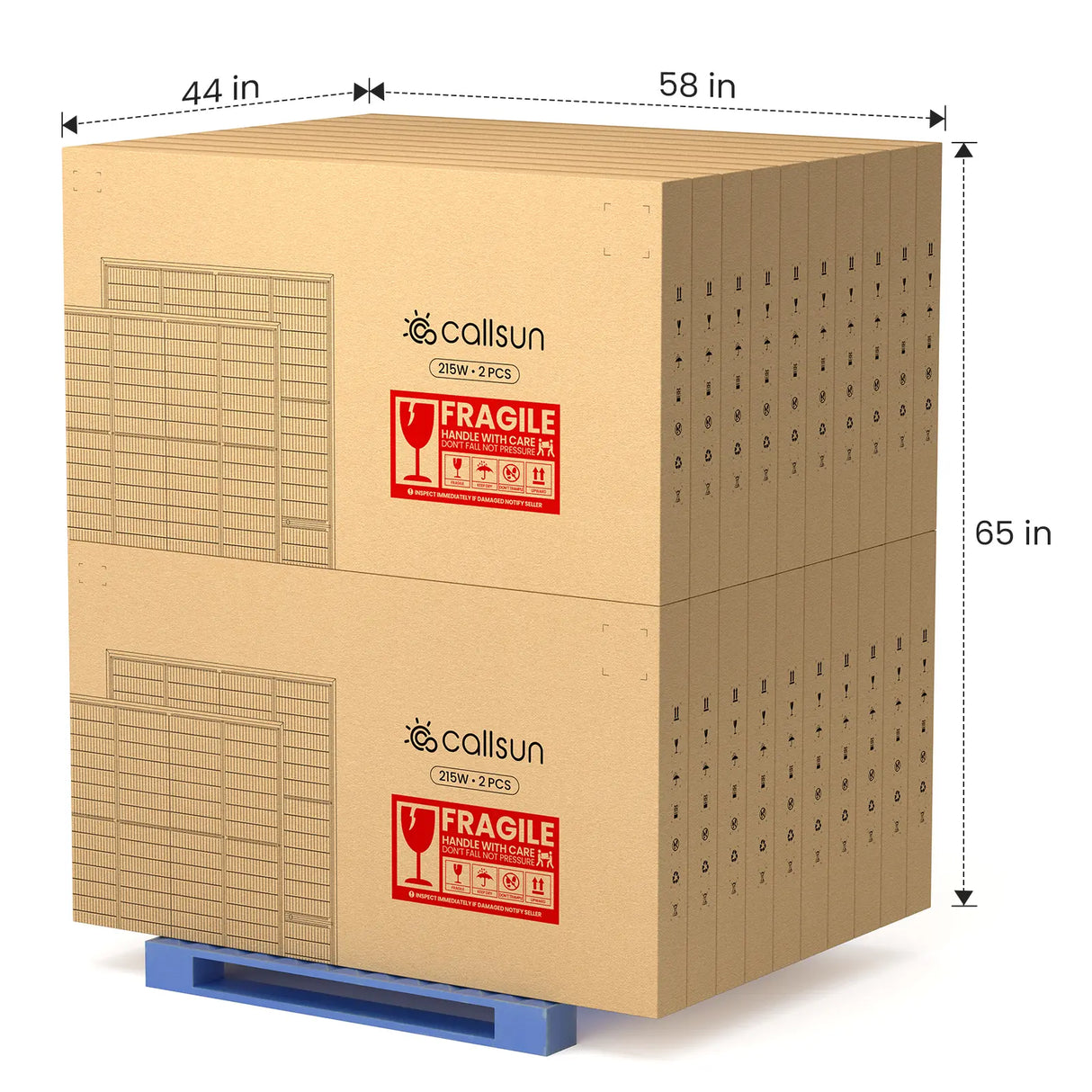 Pallet of Callsun 215W N-type anti-shade bifacial solar panel 2-pack boxes on white background, showing 58x44x65 inches shipping size.
