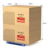 Pallet of Callsun 215W N-type anti-shade bifacial solar panel 2-pack boxes on white background, showing 58x44x65 inches shipping size.
