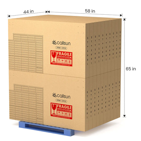 Pallet of Callsun 215W N-type anti-shade bifacial solar panel 2-pack boxes on white background, showing 58x44x65 inches shipping size.