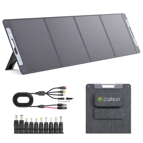 Callsun 220W N-Type portable solar panel with 4-panel folding design, extension cables, and DC adapters for camping.