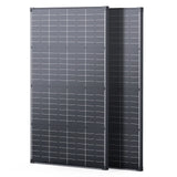 Two Callsun 215W N-type anti-shade bifacial solar panel black frame rigid panels standing together on a solid white background.