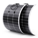 A 2-pack of Callsun 100W flexible solar panel - white frame showing two bent panels for expanded RV and marine boat solar setups.