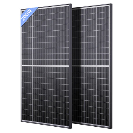 Callsun 200W N-type bifacial solar panel 2-piece pack featuring dark monocrystalline cells and rigid frames.
