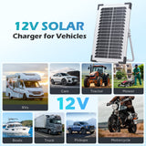 Callsun 7.5W Solar Trickle Charger for 12V vehicle batteries, showing applications for RVs, cars, tractors, lawn mowers, boats, and motorcycles.