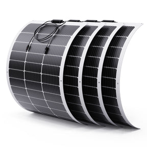 A 4-pack of Callsun 100W flexible solar panel - white frame showing four curved panels for a 400W off-grid RV or boat system.