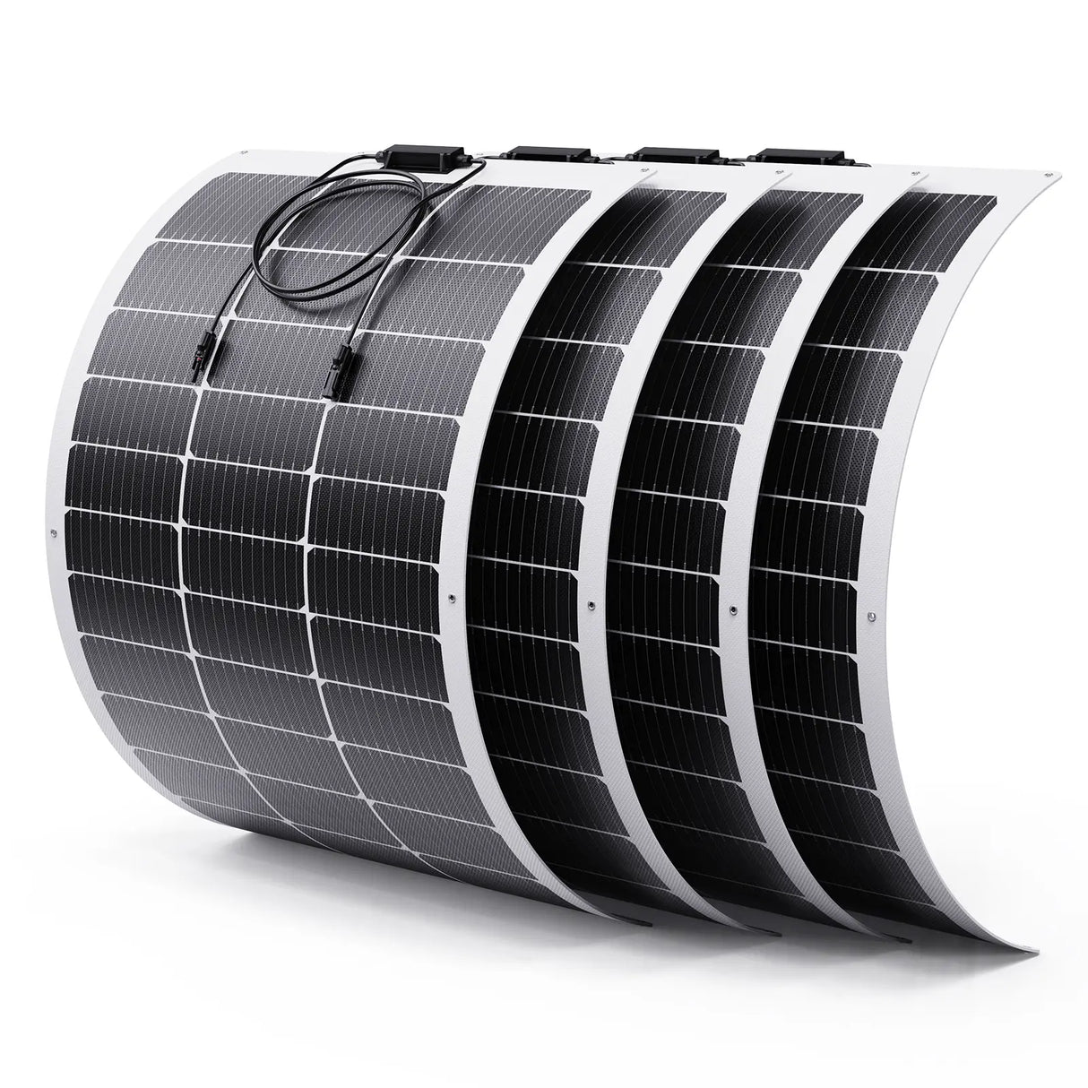 A 4-pack of Callsun 100W flexible solar panel - white frame showing four curved panels for a 400W off-grid RV or boat system.