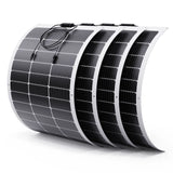 A 4-pack of Callsun 100W flexible solar panel - white frame showing four curved panels for a 400W off-grid RV or boat system.