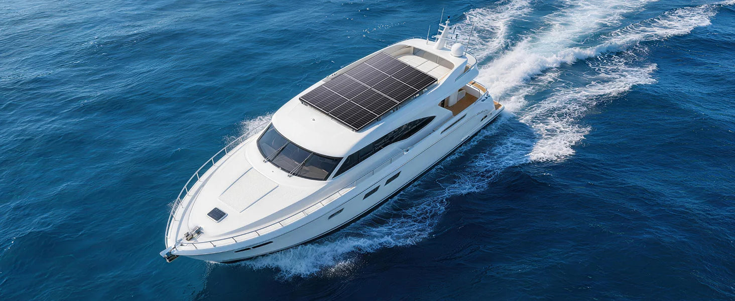 Callsun 200W n-type bifacial solar panel mounted on a luxury yacht cruising on the blue ocean water.