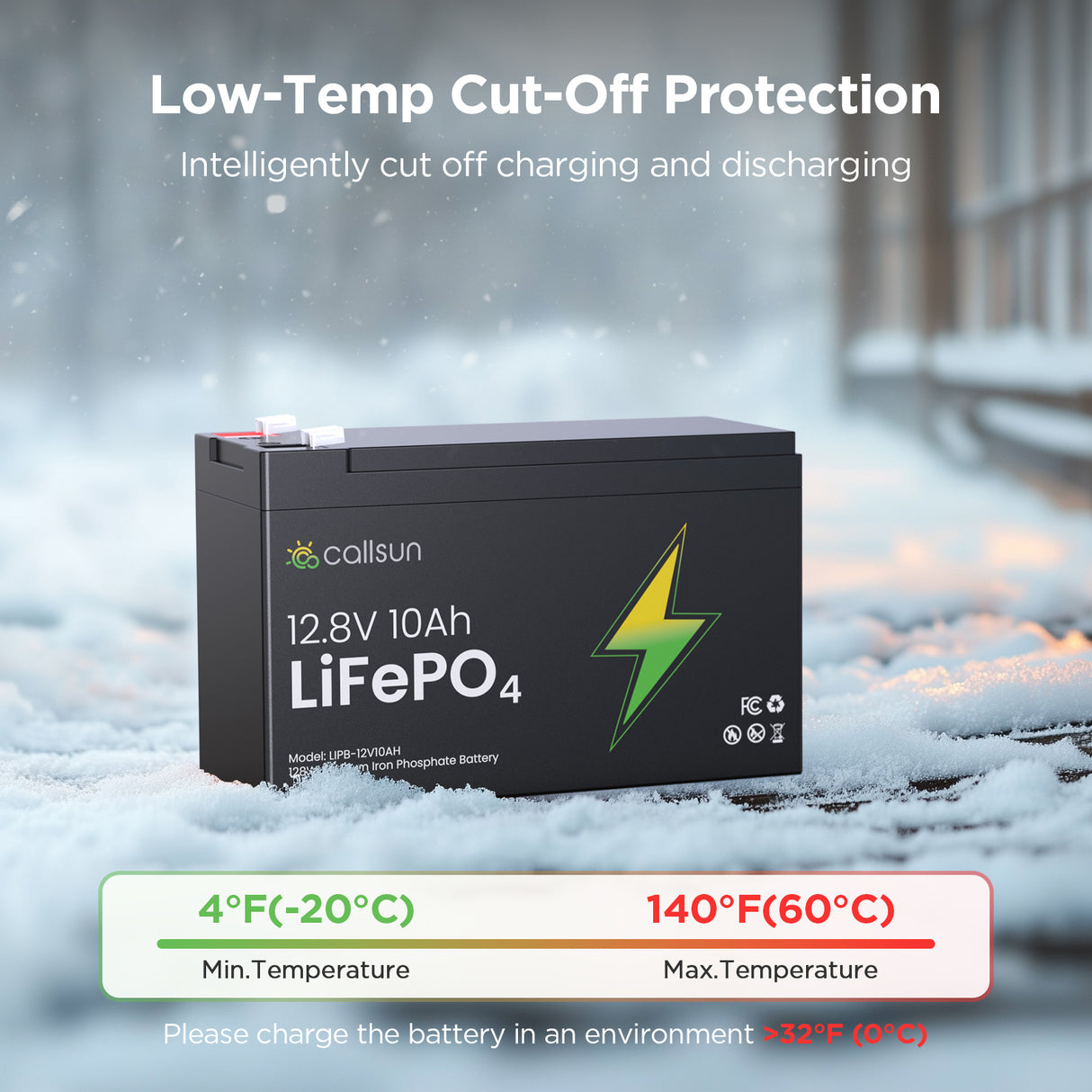 Callsun 12V 100Ah LiFePO4 Deep Cycle Battery with 100A BMS featuring 12.8V low temperature cut-off protection for winter safety.