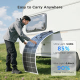 A man lifting a lightweight Callsun 100W flexible solar panel - white frame by an RV, showing its 5.66lb ultra-light design.