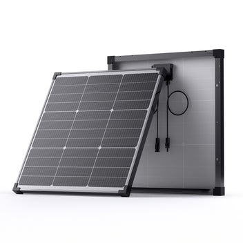 Callsun 50W n-type rigid solar panel showing front cells and back frame with junction box and cables.