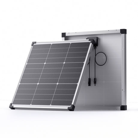 Callsun 50W N-Type Solar Panel – Silver Frame showing 16BB cells and back junction box for 50 watt solar panel RV and off-grid charging.