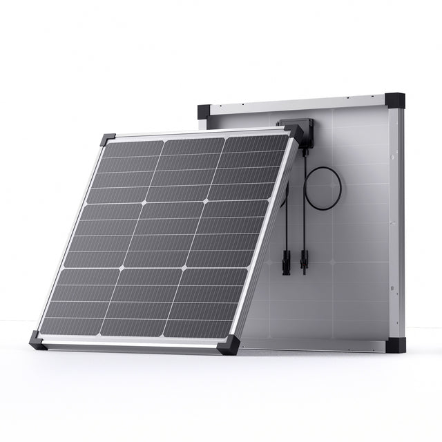Callsun 50W N-Type Solar Panel – Silver Frame showing 16BB cells and back junction box for 50 watt solar panel RV and off-grid charging.
