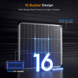 Callsun 50W N-Type Solar Panel – Silver Frame showing 16BB monocrystalline cell design for high efficiency 50 watt solar panel RVs.