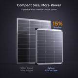Callsun 50W N-Type Solar Panel Silver Frame featuring 15% smaller compact size for RV roof space optimization.
