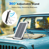 Callsun 7.5W Solar Trickle Charger with 360-degree adjustable mounting bracket on an off-road vehicle hood.