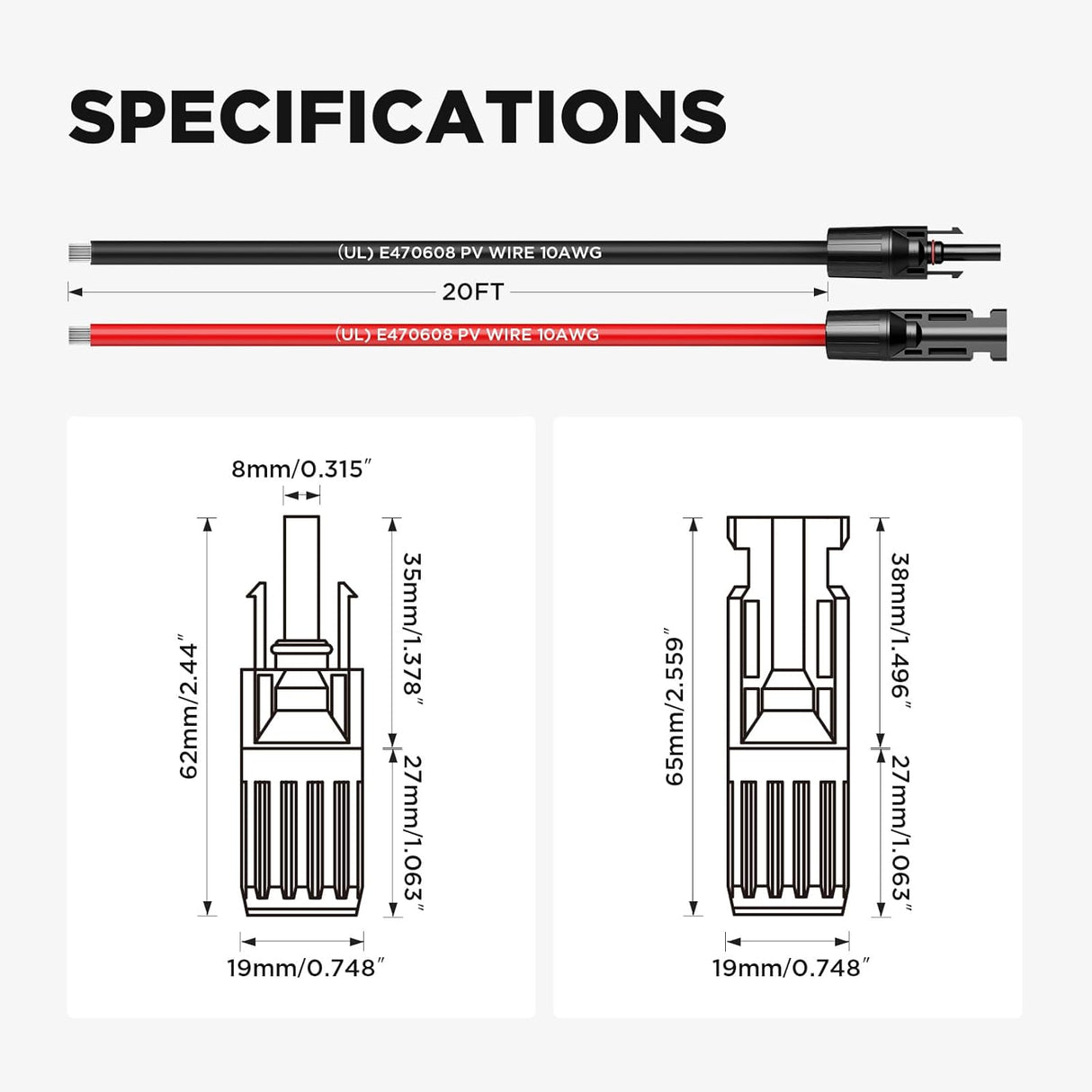 20FT 10AWG Solar Panel Extension Cable
