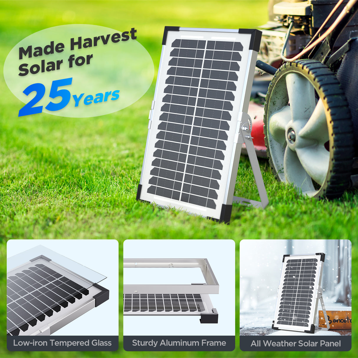 Callsun 7.5W Solar Trickle Charger with low-iron tempered glass and aluminum frame for all-weather lawn mower battery maintenance.