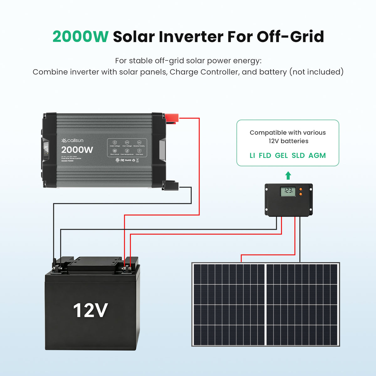 2000W Pure Sine Wave Inverter 12V DC to 120V AC