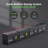 Callsun 12V 100Ah LiFePO4 Deep Cycle Battery with 100A BMS, supporting 4P4S connection to build a reliable off grid solar system.