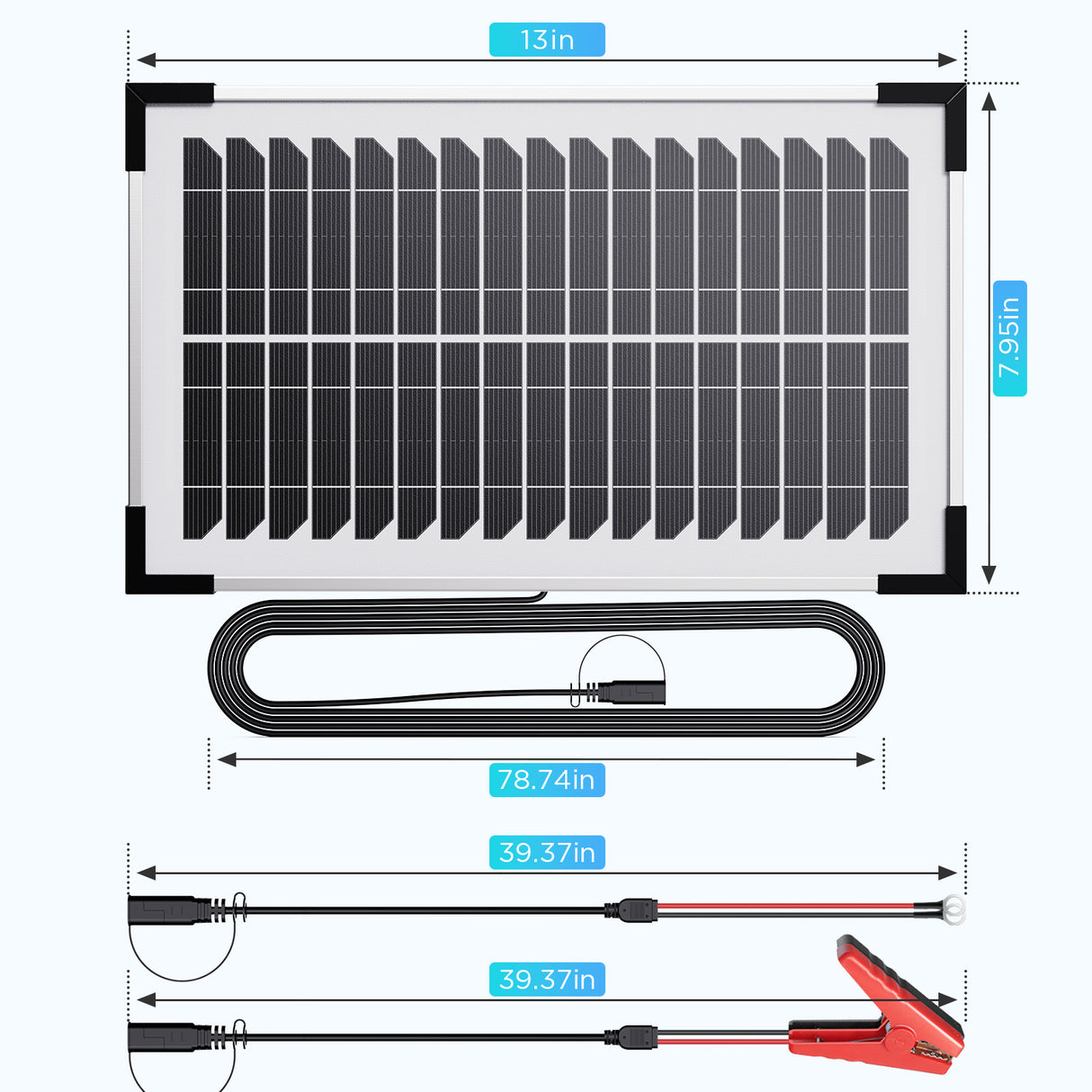 Callsun 7.5W Solar Trickle Charger including rigid solar panel with stand, smart controller, alligator clips, and O-ring terminal cables.