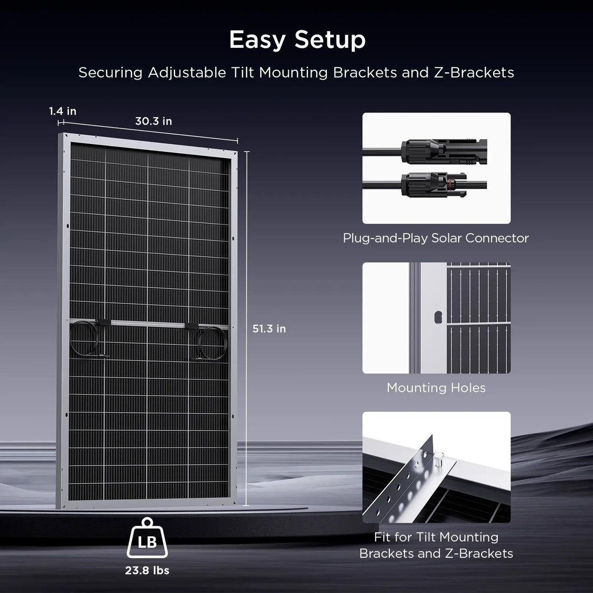 Callsun 200W N-type bifacial solar panel - silver frame dimensions chart showing 51.3x30.3 size and tilt bracket mounting holes.