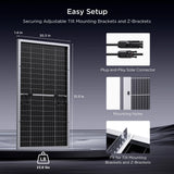 Callsun 200W N-type bifacial solar panel - silver frame dimensions chart showing 51.3x30.3 size and tilt bracket mounting holes.