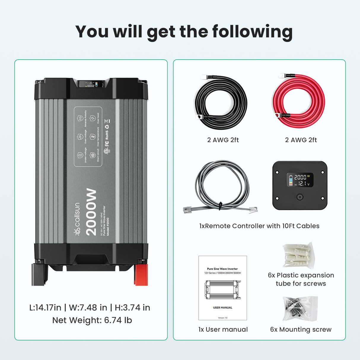 2000W Pure Sine Wave Inverter 12V DC to 120V AC