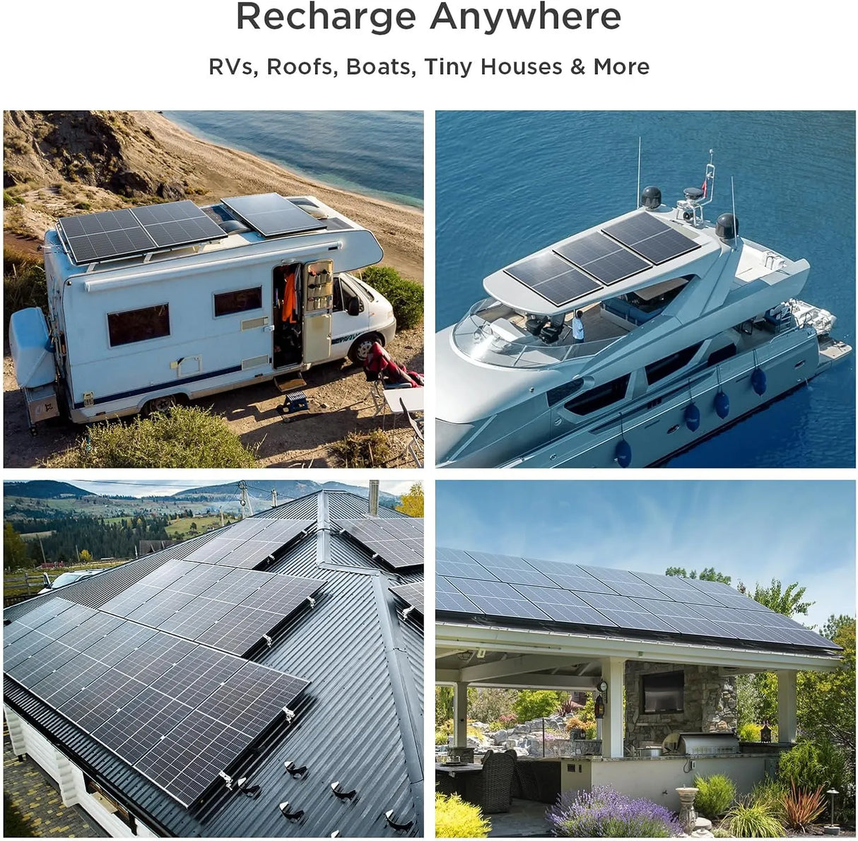 Callsun 200W N-type bifacial solar panel installed across various outdoor scenarios including RVs, boats, roofs, and tiny houses.