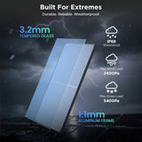 Callsun 180W N-Type Anti-Shading Bifacial Solar Panel featuring IP68 waterproof tempered glass for extreme outdoor weather use.