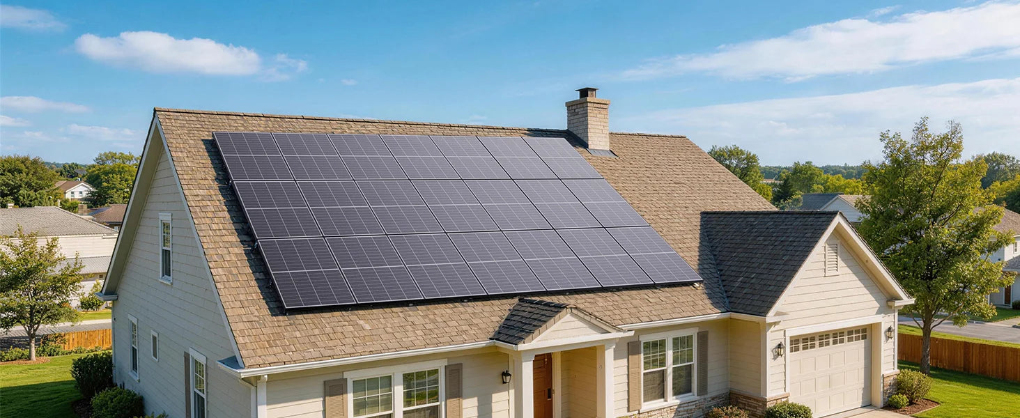 Callsun n-type bifacial solar panel system installed on a suburban residential house roof for home energy.